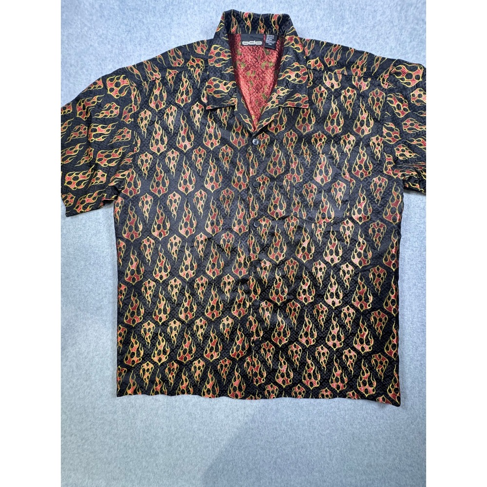 Vintage ODO Flame Print Button Down Shirt Mens XXL Black Red Gold Y2K Streetwear